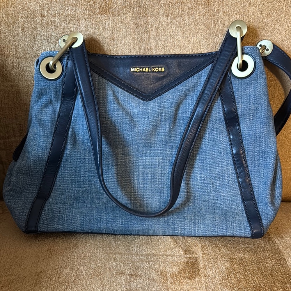 Michael Kors Blue Denim Shoulder Bag with Brass Hardware